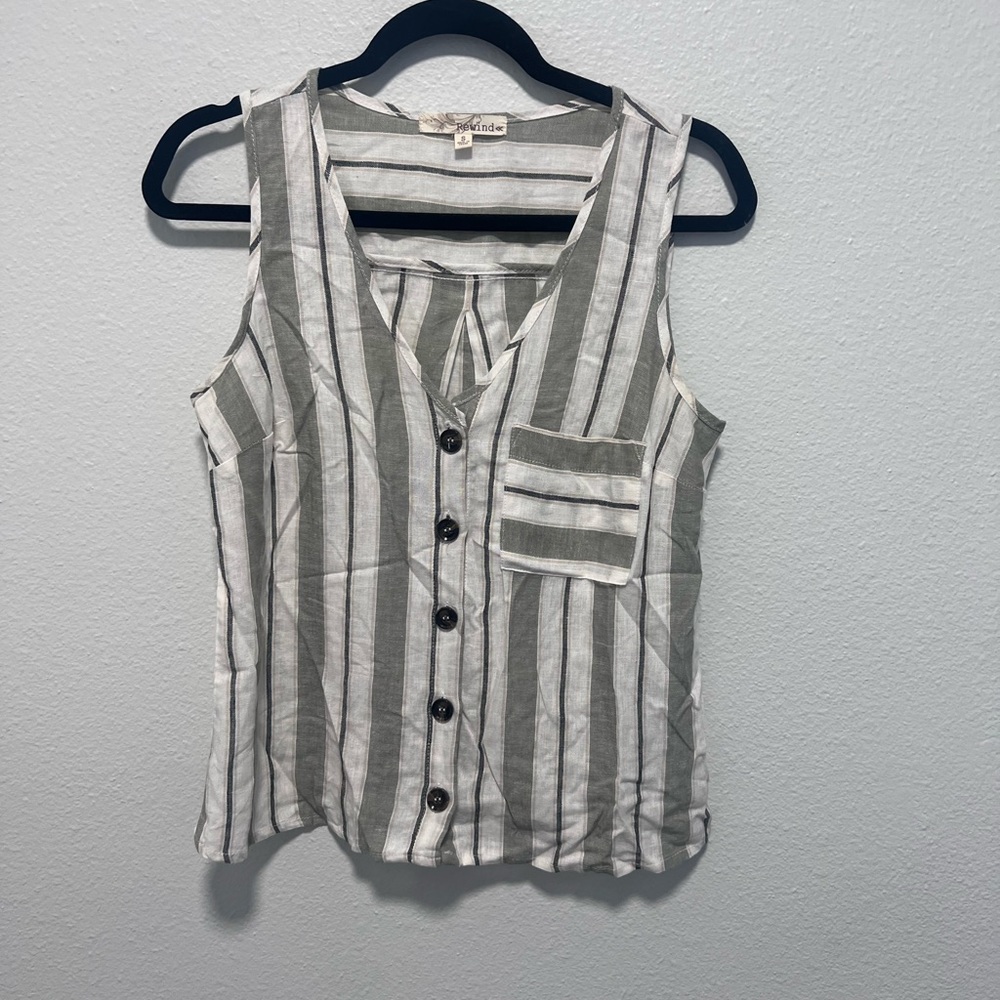 Rewind White Olive Green Linen Striped Button Down Tank Top Size Small
